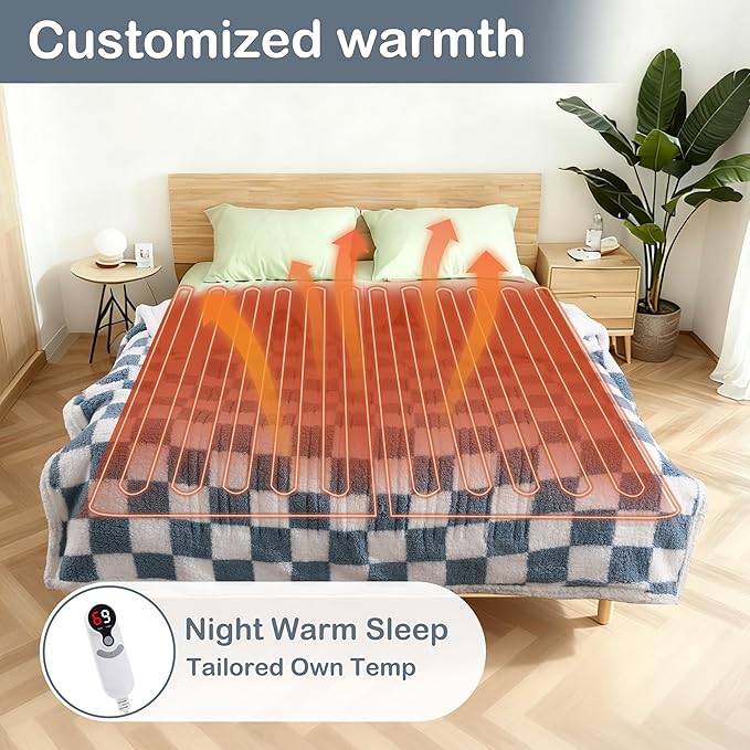 Electric Heated Blanket Full Size 72"×84" with 6 Heating Levels & 1-10Hs Auto Off, Checkered Plaid Heating Blanket Double Sided Sherpa, Fast Heating, Machine Washable for Christmas Gift Light Blue