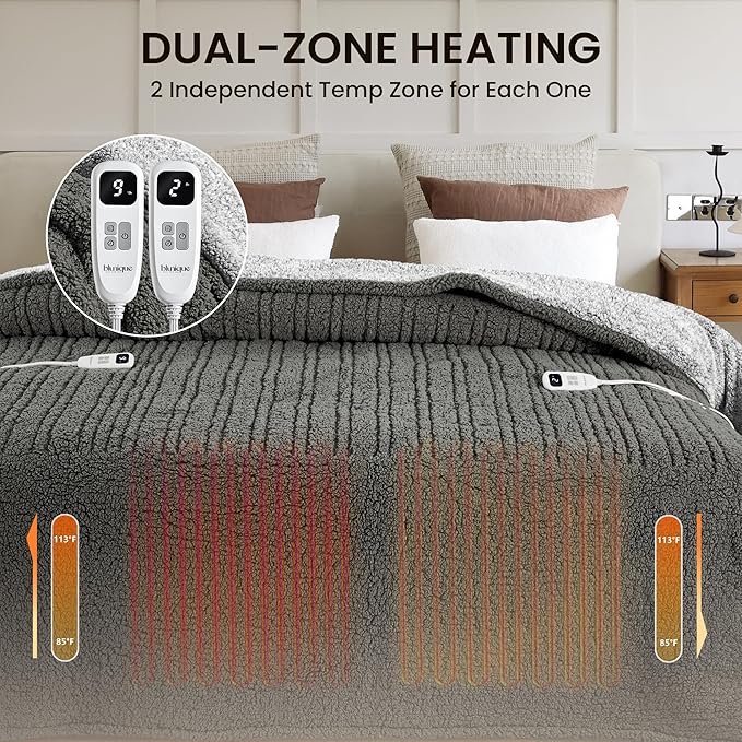 Heated Blanket Electric Blanket Queen - Fast Heating Blanket Throw Dual Control Double Sided Sherpa with 10 Heating Levels & 2-10 Hours Auto Off, Mashine Washable, 84 x 90 Inches, Grey