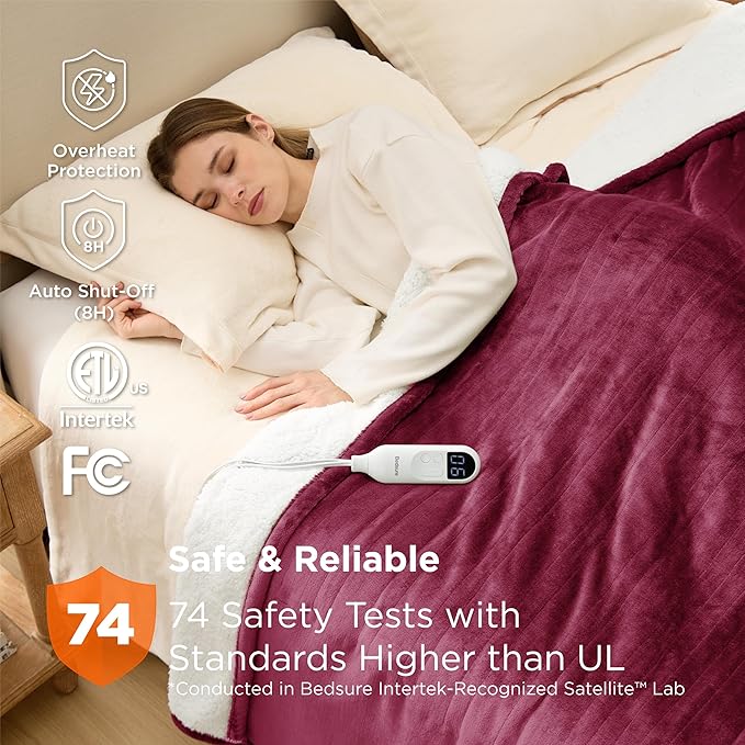 Bedsure Electric Blanket Twin - Soft Flannel Heated Blanket, Fast Heating with 10 Time Settings & 6 Heat Settings, Warm Gift for Grandma (62x84 inches, Burgundy)