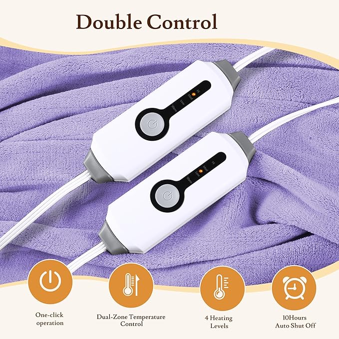 Electric Heated Blanket 84"x90" Queen Size - 4 Heat Settings & Dual Controllers, 10H Auto Shut Off, Ultra-Soft Coral Fleece Heated Blanket with Overheat Protection, Light Purple
