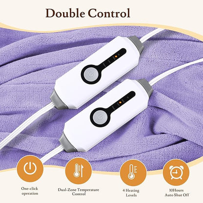 Electric Heated Blanket 84"x90" Queen Size - 4 Heat Settings & Dual Controllers, 10H Auto Shut Off, Ultra-Soft Coral Fleece Heated Blanket with Overheat Protection, Light Purple