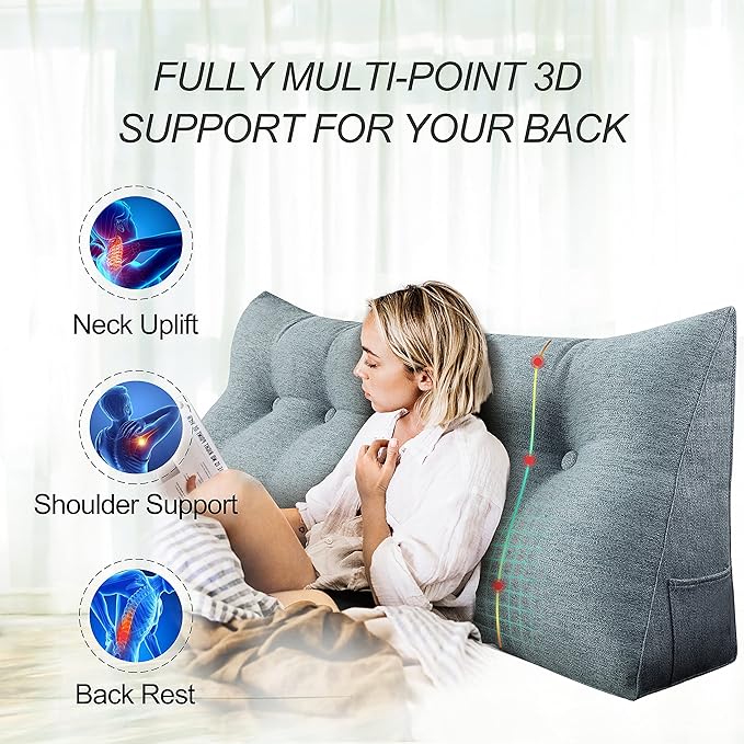 Wedge Headboard Pillow Dorm Room Reading Pillow Back Support for Sitting Up in Bed Bolster Lumbar Cushion Body Positioning Bedrest Gifts for Mom Cotton Linen 59in Gray Queen
