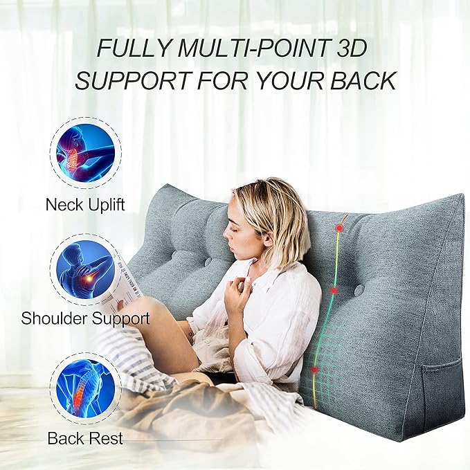 Wedge Headboard Pillow Dorm Room Reading Pillow Back Support for Sitting Up in Bed Bolster Lumbar Cushion Body Positioning Bedrest Cotton Linen 54in Gray Full