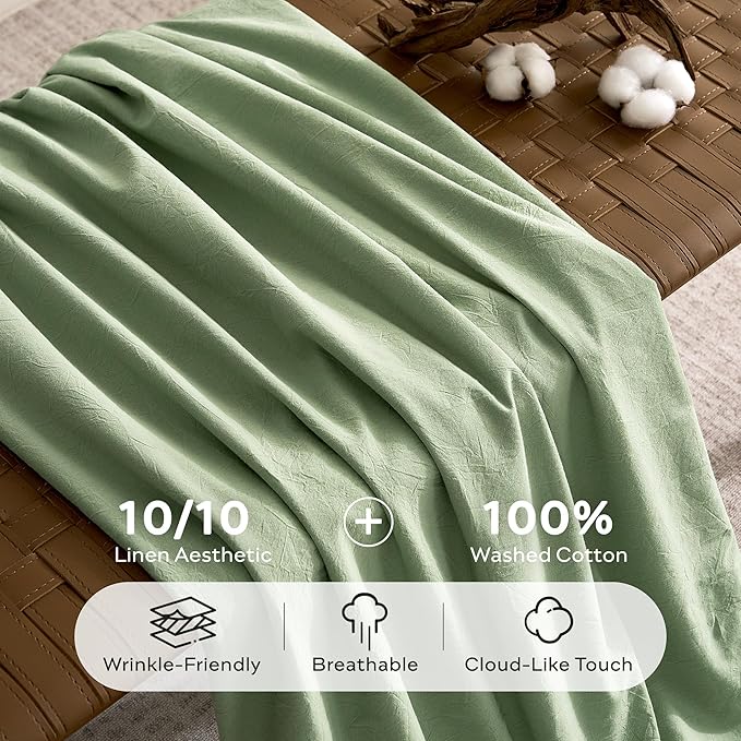 JELLYMONI 100% Washed Cotton Duvet Cover King – Soft, Breathable Linen-Look Bedding with Natural Wrinkle Texture, Button Closure, 3-Piece Set (Mint Green, 104"x90")