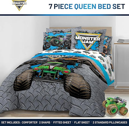 Jay Franco Kids Comforter Set Includes Sheets and Pillow Covers - Soft and Cozy Bed Set for Stylish Room Decor, Gray - Monster Jam 01, 7 Piece Queen Size Bedding