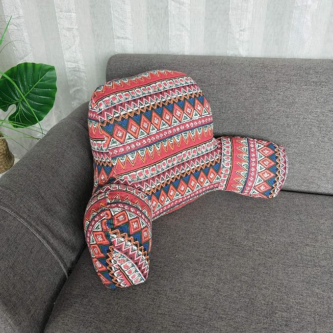 Bohemian Printed Reading Pillow with Support Arms Soft Bed Rest Pillows Back Support Cushion for Kids Reading Watching TV Sitting Up in Bed (23"×16"×10",Red)