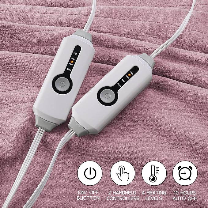 Electric Heated Blanket 84"x90" Queen Size, Soft Coral Fleece, Dual Controllers with 4 Heating Levels and 10 Hours Auto-Off, Machine Washable, Cozy Plush Fabric for Home, Purple