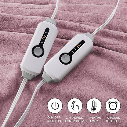 Electric Heated Blanket 90"x100" King Size, Soft Coral Fleece, Dual Controllers with 4 Heating Levels and 10 Hours Auto-Off, Machine Washable, Cozy Plush Fabric for Home, Purple