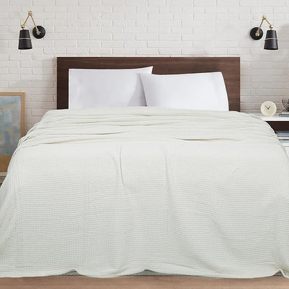 HILLFAIR 100% Cotton Blanket- 120" x 120" XXL Oversized King Bed Blankets - Family Size 10 ft x 10 ft Big - All Season Soft Cozy Breathable Blankets for Bed - Extra Large King Cotton Blanket- Ivory