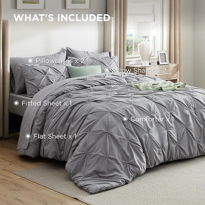 Bedsure Oversized King Comforter Set Grey - Bed in a Bag Bedding Set 7 Pieces, GentleSoft™ Pintuck Bed Set Gift for Family, Pinch Pleat Grey Comforter with Sheets, Pillowcases & Shams