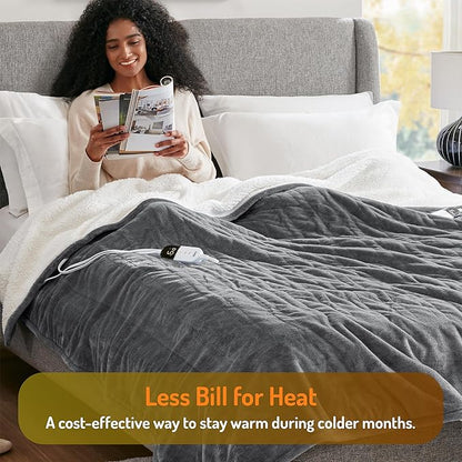 Degrees of Comfort Electric Blanket Twin Size - Soft Sherpa Flannel Heated Blankets - 6 Heat Settings, 10-Hour Auto Shut-Off, Overheat Protection, Etl Certified - 62x84'', Grey