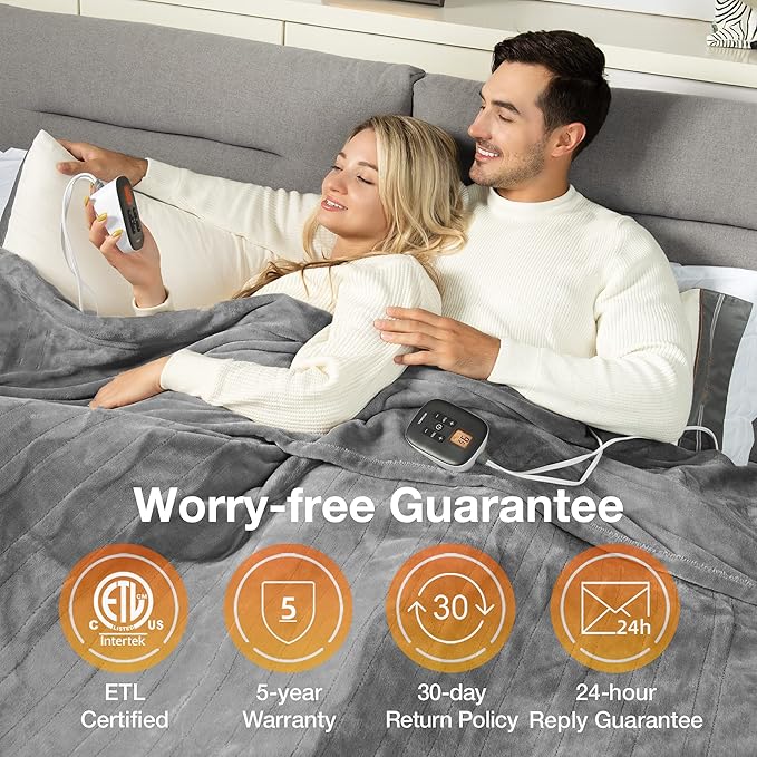 WOOMER Heated Blanket Queen Size Electric Blanket 84"x 90", Soft Flannel Fast Heating, 10 Heating Levels & 0.5-12H Auto Off, Dual Control, Over-Heat Protection, ETL Certification