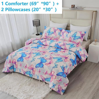 SDIII 3PCS Colorful Butterfly Comforter Set Twin, Soft Microfiber Lightweight Butterfly Comforter Twin, Butterflies Bedding for Girls Boys Kids Teens