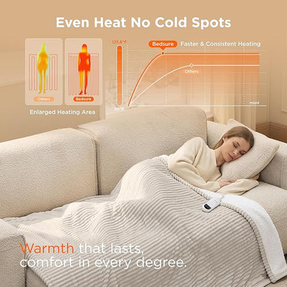 Bedsure GentleSoft Heated Blanket Throw - Soft Ribbed Flannel Electric Blanket, Heating with 4 Time Settings, 6 Heat Settings, and 3 hrs Timer Auto Shut Off, Gifts for Grandma (50x60 inches, Cream)