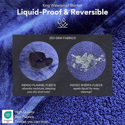 Waterproof Blanket King Size (Indigo, 82x82") Absorbent, Leakproof Fleece Protector for Bed, Couch - Water Proof and Stain Resistant, Plush Throw Blankets, Moisture Repellant Top Cover, Sherpa Throws