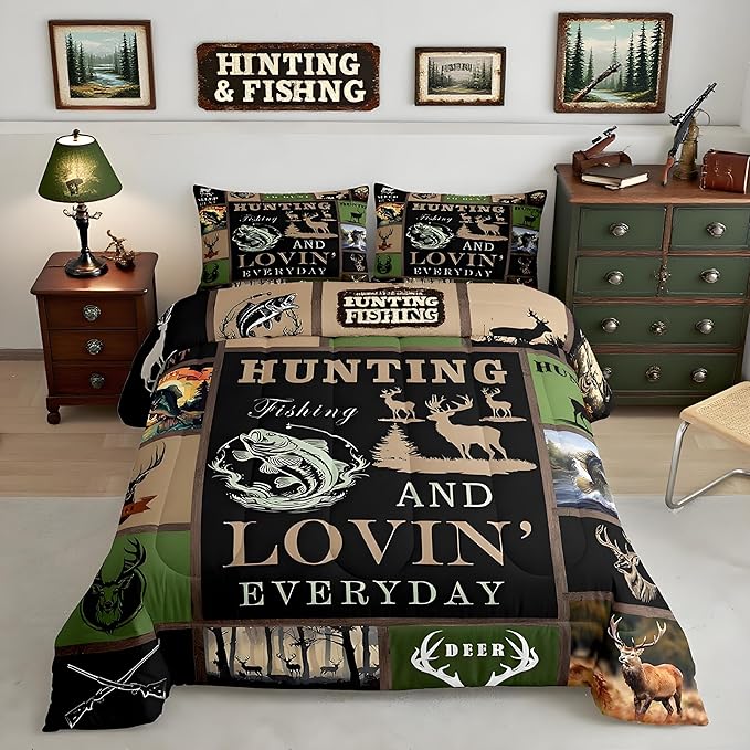 Feelyou Big Pike Fish Bedding Set - Deer Comforter Set for Kids Boys Girls - Twin Size with 1 Comforter and 1 Pillowcase