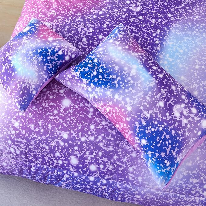 RYNGHIPY 6Pcs Girls Bedding Set Queen Size Purple Rainbow Comforter Set for Kids Teens Girls Glitter Bed in a Bag Lightweight Fluffy