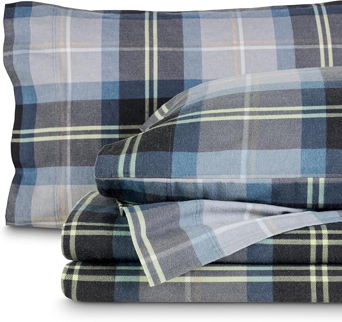Bare Home Cotton Flannel Sheet Set Prints, 100% Cotton, Velvety Soft Heavyweight - Double Brushed Flannel - Deep Pocket - Bed Sheets (Full, Symphony Plaid - Blue)