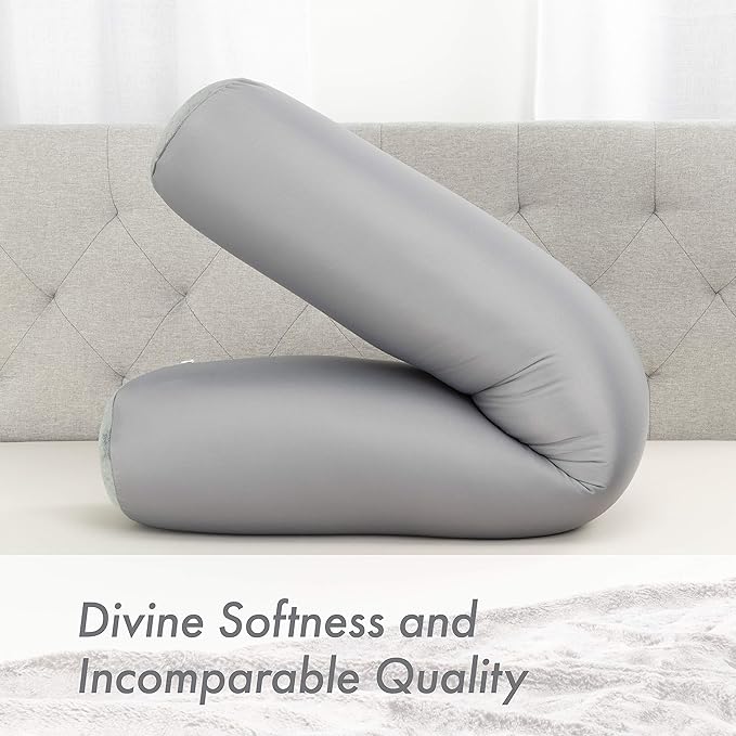 Straight Body Pillow, Full Size Premium Microbead,Side Sleeping/Maternity Pregnant Women, Supportive,Fluffy, Breathable, Cooling, 85/15 Spandex/Nylon Silky Anti-Aging Cover - 48 X 8 - Dark Grey