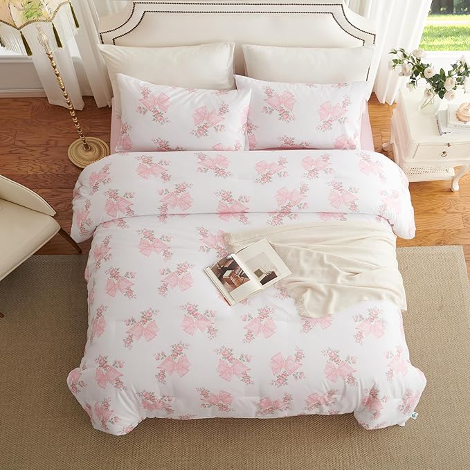 Pink Bow Duvet Cover Queen Size Floral Bowknot Bedding Set 3 Pieces Kids Boys Girls Vintage Green Botanical Coquette Princess Style Garden Reversible Duvet Cover Set with 2 Pillowcases