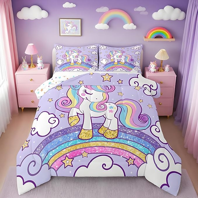 Feelyou Unicorn Bedding King Bed Sets for Girls Light Purple Cute Unicorn Comforter for Girls Comforter Set Star Print Kawaii Duvet Quilt Bedroom Decor Rainbow Bedding Cartoon Quilt,All Season