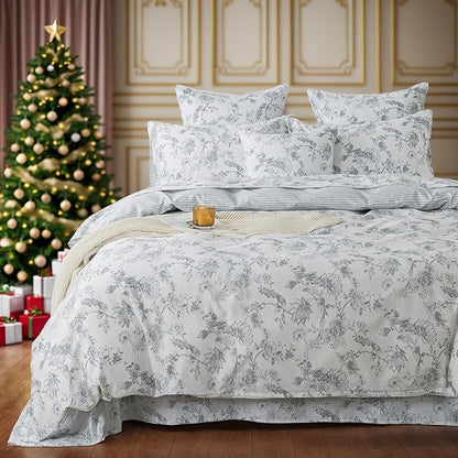 FADFAY Gray and White Duvet Cover Set Shabby White Floral Farmhouse Bedding Vintage Bird Peacock Quilt Cover Set 100% Cotton Comforter Cover with Hidden Zipper Closure 3Pcs, King/California King Size