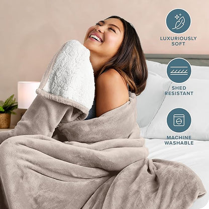 Bare Home Sherpa Fleece Blanket - Throw/Travel Size - Blanket for Bed, Sofa, and Couch - Warm & Lightweight - Fluffy & Soft - Reversible (Throw/Travel, Light Taupe)