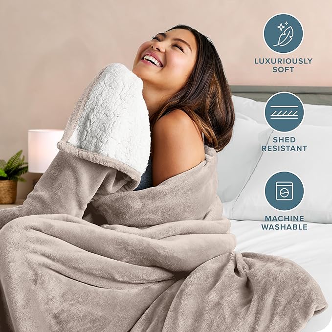 Bare Home Sherpa Fleece Blanket - Full/Queen Size - Blanket for Bed, Sofa, and Couch - Warm & Lightweight - Fluffy & Soft - Reversible (Full/Queen, Light Taupe)