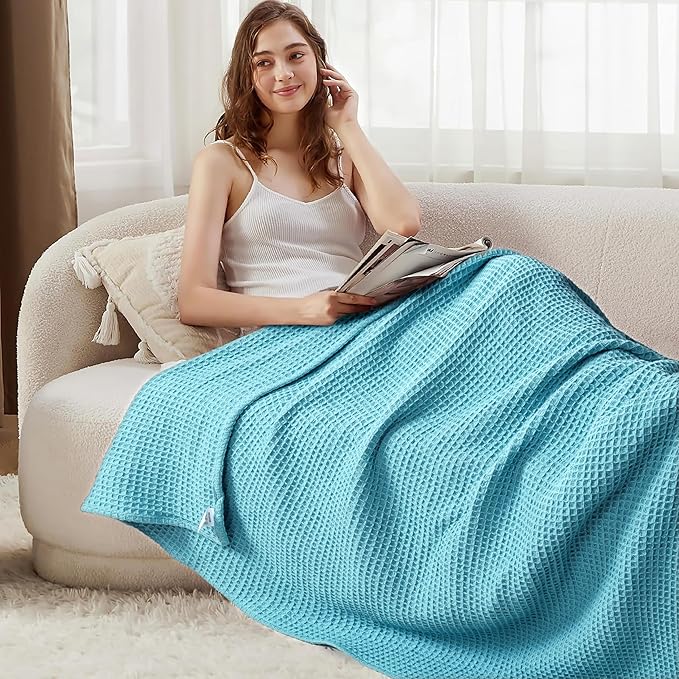 Tex Trend Waffle Blankets – 100% Cotton Blankets Queen Size – Breathable and Soft for Christmas – Suitable for Bed Layering, Sofa and Couch - Blue (90”x90”)