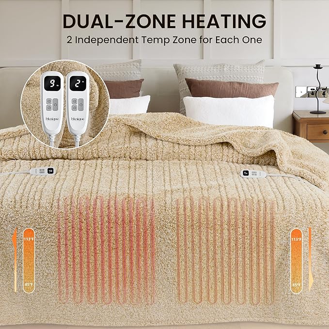 Heated Blanket Electric Blanket King - Fast Heating Blanket Throw Dual Control Double Sided Sherpa with 10 Heating Levels & 2-10 Hours Auto Off, Mashine Washable, 90 x 100 Inches, Camel