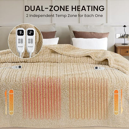 Heated Blanket Electric Blanket Queen - Fast Heating Blanket Throw Dual Control Double Sided Sherpa with 10 Heating Levels & 2-10 Hours Auto Off, Mashine Washable, 84 x 90 Inches, Camel