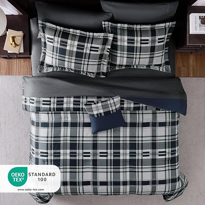 MaiRêve Full Size Comforter Set Navy Blue, Plaid Design Comforter Set 7 Pieces, All Season Comfortable Bedding Sets Full, Lightweight, Soft and Warm (Navy Blue, Full)
