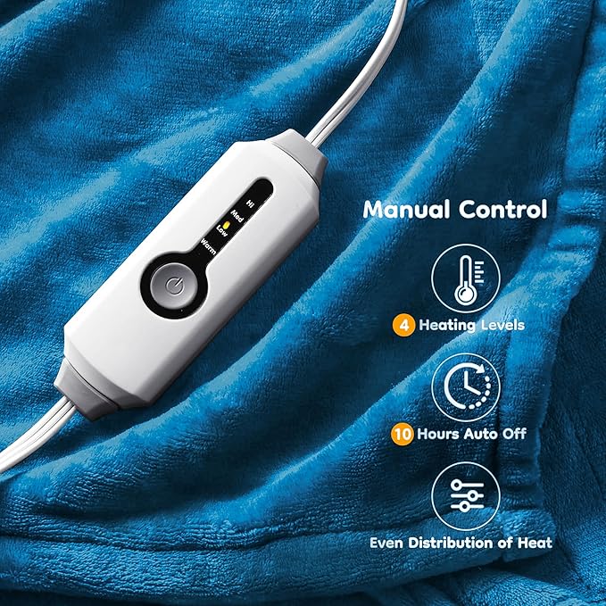 Electric Heated Blanket Twin Size 62×84, Breathable & Luxurious Flannel,Soft Warm Gift with Over-Heat Protection,4 Heating Levels & 10 H Auto Shut Off, Machine Washable, Lake Blue