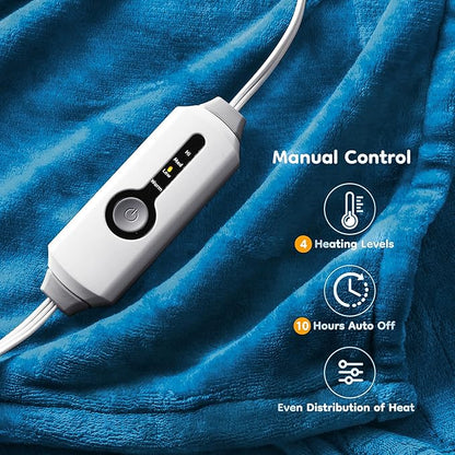 Electric Heated Blanket Twin Size 62×84, Breathable & Luxurious Flannel,Soft Warm Gift with Over-Heat Protection,4 Heating Levels & 10 H Auto Shut Off, Machine Washable, Lake Blue