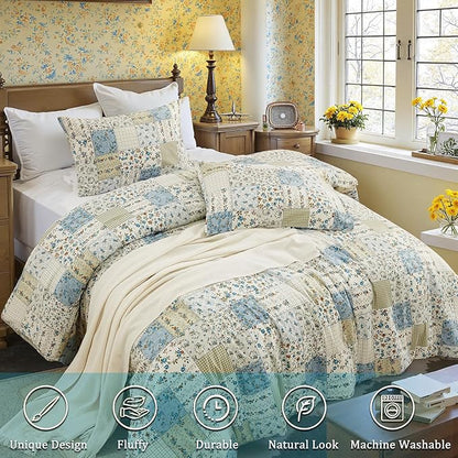 Blue Floral Duvet Cover Set King Size 100% Cotton Botanical Patchwork Vintage Bedding Quilt Cover All Season 3 Pieces Soft Lightweight Comforter Cover