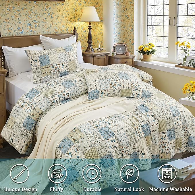 Blue Floral Duvet Cover Set Queen Size 100% Cotton Botanical Patchwork Vintage Bedding Quilt Cover All Season 3 Pieces Soft Lightweight Comforter Cover
