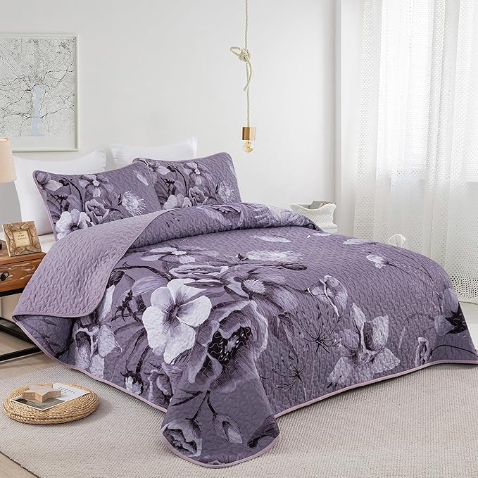 Floral Quilt Set Queen 3 Pieces Dark Purple Boho Flower Quilt Coverlet Set Soft Microfiber Lightweight Floral Quilted Bedspread with 2 Pillow Shams for All Season 90"x96"
