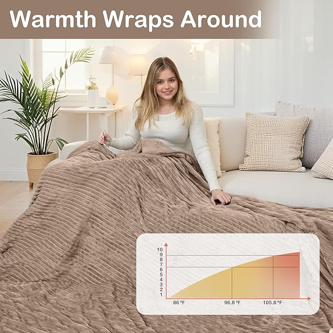 Electric Heated Blanket Queen Size 84"x 90", Dual Control, Soft Comfortable Warming Striped with 10 Heating Levels & 1-12 Hours Auto Off, Machine Washable, Camel