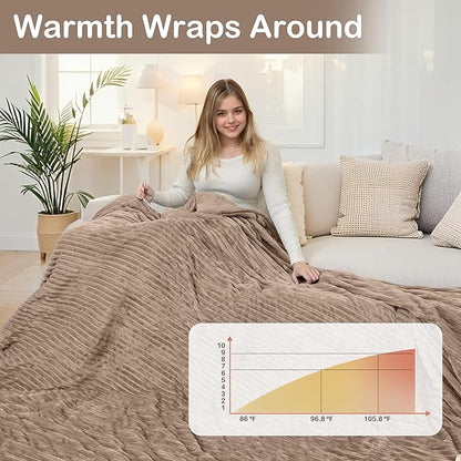 Electric Heated Blanket Queen Size 84"x 90", Dual Control, Soft Comfortable Warming Striped with 10 Heating Levels & 1-12 Hours Auto Off, Machine Washable, Camel