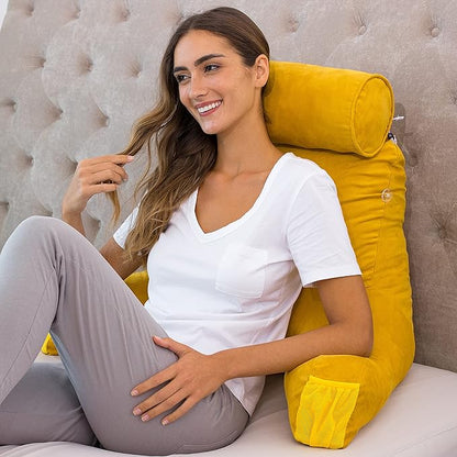Husband Pillow Medium Aspen Edition Gold Rush, Sit Up Reading & Bed Rest with Arms, Ultra-Comfy, Detach Neck Roll - Premium Shredded Memory Foam Backrest, Reverses to Micro: Suede or Plush