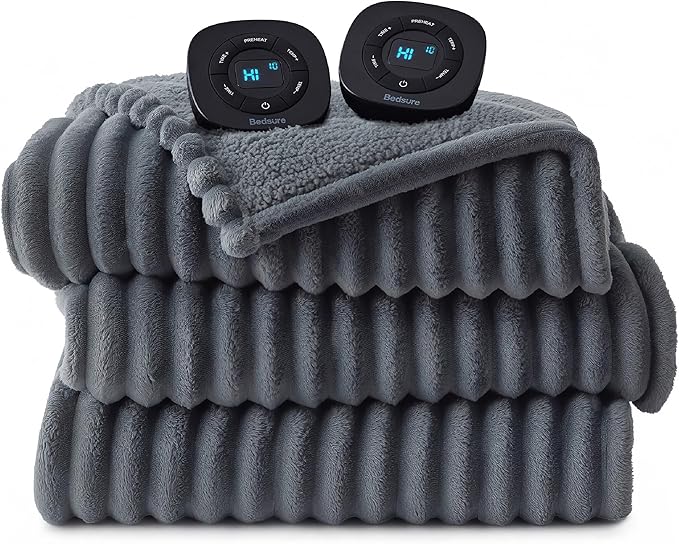 Bedsure Electric Blanket Queen Size - Thick Striped Flannel Electric Blanket with Dual Control, Heating with 10 Heat Settings & 10 Time Settings, 8 hrs Timer Auto Shut Off (84x90 inches, Grey)