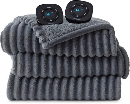 Bedsure Electric Blanket Queen Size - Thick Striped Flannel Electric Blanket with Dual Control, Heating with 10 Heat Settings & 10 Time Settings, 8 hrs Timer Auto Shut Off (84x90 inches, Grey)