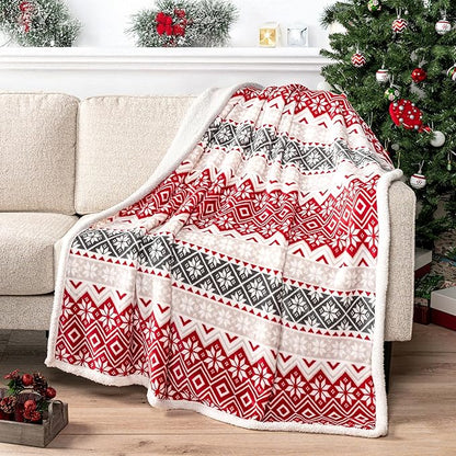 PAVILIA Premium Christmas Sherpa Throw Blanket, Red White Snowflake Holiday Blanket, Ultra-Soft Reversible Fleece Winter Throw for Home Decoration, Cozy Plush 60x80