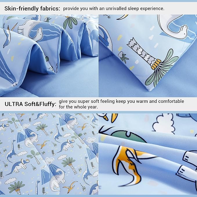 Mooreeke Kids Twin Comforter Sets for Boys 6 Pieces Dinosaur Blue Bedding Set for Teens Soft Microfiber Kids Bed in A Bag with Comforter, Sheet Set, Shams and Decorative Toy Pillow All Season