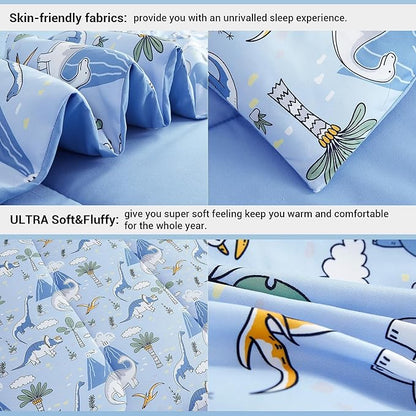 Mooreeke Kids Twin Comforter Sets for Boys 6 Pieces Dinosaur Blue Bedding Set for Teens Soft Microfiber Kids Bed in A Bag with Comforter, Sheet Set, Shams and Decorative Toy Pillow All Season