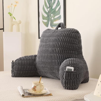 Reading Pillow for Sitting in Bed, Large Backrest Reading Pillow with Arm Rest,Back-Rest Support Cushion for Sit Up on Couch, Sofa, and Floor, Dorm Essentials (Grey Corduroy, Large(19"))
