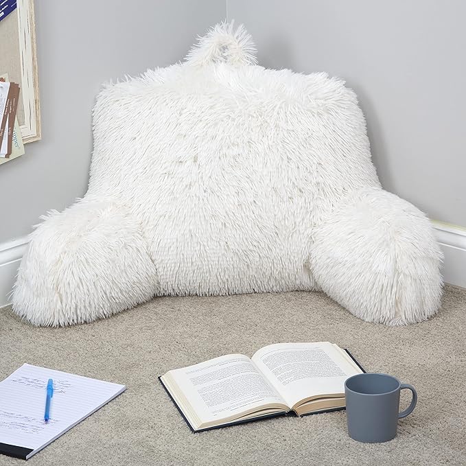 Klear Vu Shaggy Reading Pillow Back Rest Body Pillow for Adults and Kids, Lumbar and Arm Support on Bed, Chair, Couch, Sofa and Floor, 30" x 21", One Size, Winter White