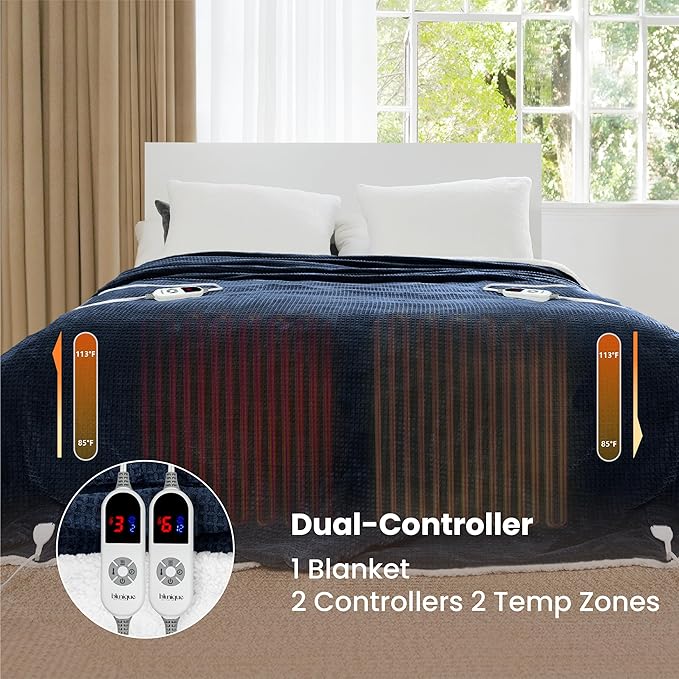 Heated Blanket Electric Blanket King Waffle,90x100 Inches Sherpa Fleece Fast Heating Blanket 6 Heating Levels & 10 Hours Auto Off ETL Certification, Navy King