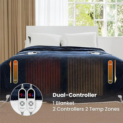 Heated Blanket Electric Blanket King Waffle,90x100 Inches Sherpa Fleece Fast Heating Blanket 6 Heating Levels & 10 Hours Auto Off ETL Certification, Navy King