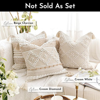 BlissBlush Cream White Boho Throw Pillow Cover 20X20, Boho Woven Textured Pillow Cover, Neutral Pillow Cover, Sofa Couch Bed Farmhouse Lumbar Pillow (Cover ONLY)